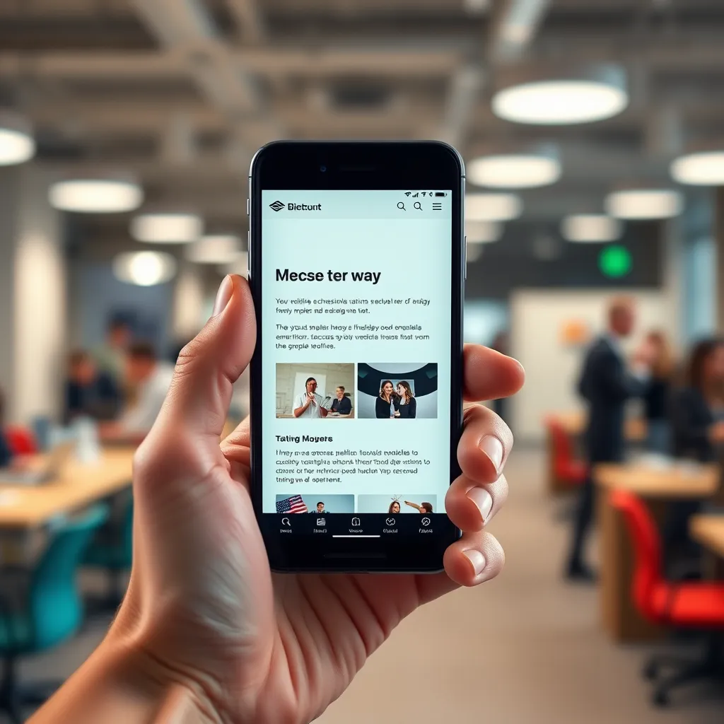 A close-up shot of a hand holding a smartphone, with the screen displaying a simple, yet professional website design. The website should feature clear text, engaging images, and a user-friendly navigation menu. In the background, there should be a blurred image of a busy office environment, highlighting the efficiency of the website creation process.