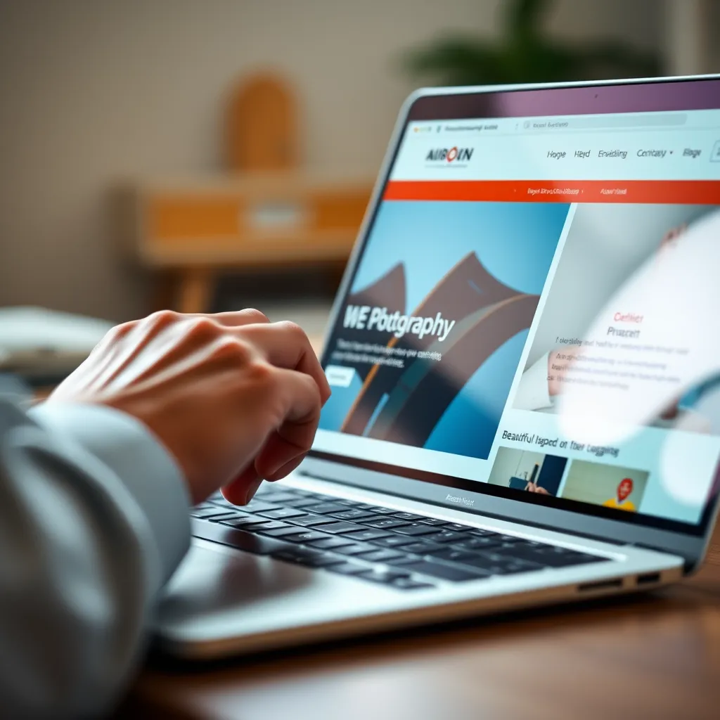A close-up shot of a hand interacting with a laptop screen, showcasing a website with beautiful photography, engaging content, and an easy-to-navigate layout. The background should blur slightly, emphasizing the website design.