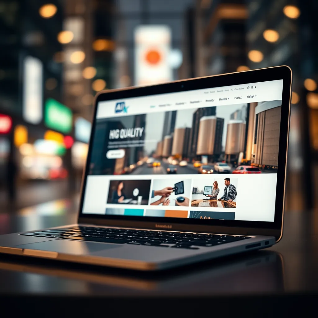 A close-up shot of a laptop screen displaying a sleek, modern website design. The design should be visually engaging and feature high-quality images and graphics. The background should be a blurred image of a bustling city, creating a sense of energy and innovation. The lighting should be soft and diffused, with a warm color tone to create a welcoming and inviting atmosphere. Render the image in ultra-high resolution, capturing every detail with photographic realism. Emphasize the smooth lines, clean typography, and intuitive navigation of the website design, showcasing the power and elegance of AI-driven website creation. The image should convey a sense of ease, speed, and efficiency, highlighting the user-friendly nature of Dominion AI Site Builder.