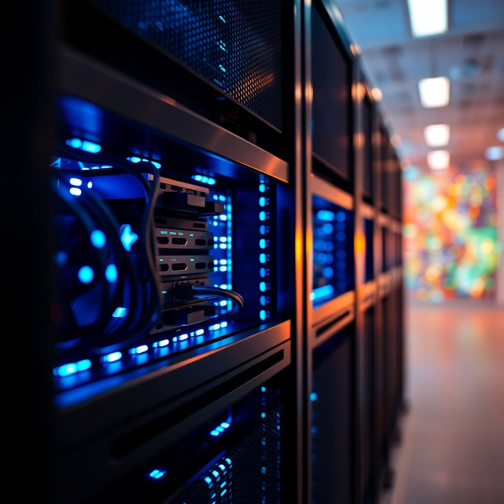 A close-up shot of a modern server rack, lit with warm, soft, diffused light.  The server rack is made of sleek, polished metal with glowing blue lights emanating from the servers inside.  Focus on the intricate details of the server components, such as cables, connectors, and cooling fans.  The background is a blurred, abstract representation of data flows, with shades of blue and green representing data security and encryption. The image should be in the style of a futuristic technology photography, with a hyperrealistic, 8K resolution and ultra-detailed textures.
