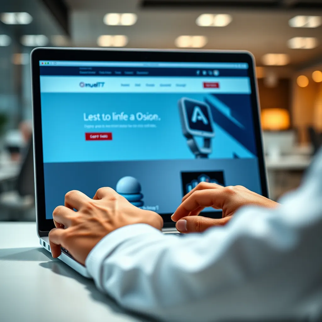 A close-up shot of a person's hands typing on a laptop, with a clean, modern website design displayed on the screen. The background should be a blurred office setting, conveying a sense of ease and efficiency.