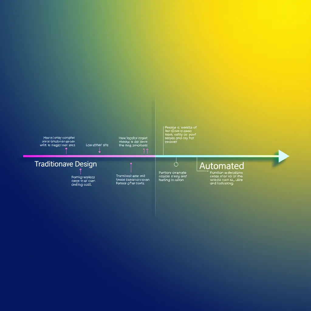 A colorful infographic depicting a timeline with two paths. One path, labeled 'Traditional Website Design', shows a long, complex process with many steps and high costs. The other path, labeled 'Automated Website Design', shows a simplified, faster process with fewer steps and lower costs. The infographic should visually demonstrate the time and cost savings.