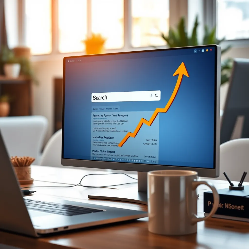 A computer screen with a website showing up high in a search engine results page (SERP), with a rising arrow next to it symbolizing increased online visibility, all in a brightly lit office space with a laptop and coffee mug in the foreground.