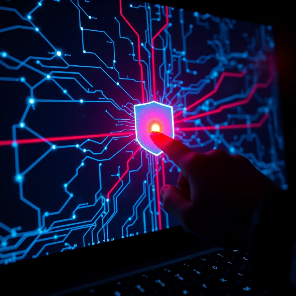 A dark, atmospheric scene depicting a computer network with a glowing blue network map, illustrating connections and data flows.  A single, bright red dot highlights a system under attack, with streaks of red light emanating from it.  The scene is filled with tension, with dramatic, side lighting emphasizing the cyber security threat.  In the foreground, a hand reaches towards the screen, pressing a key on a keyboard, activating a protective shield around the network, deflecting the red light attack. The image should be in the style of a futuristic cyber security thriller, with high contrast and exaggerated lighting effects.
