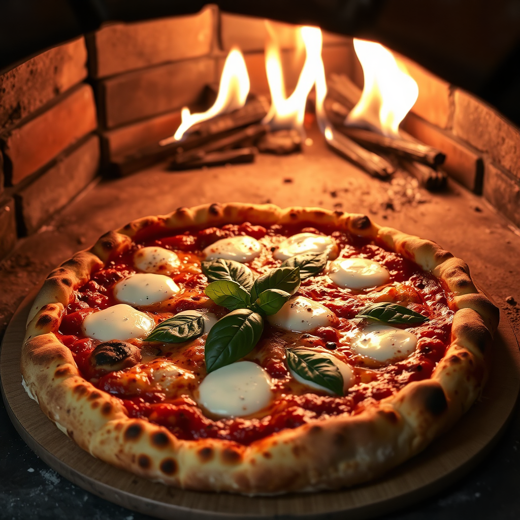 Artisanal pizza cooking in wood fired oven
