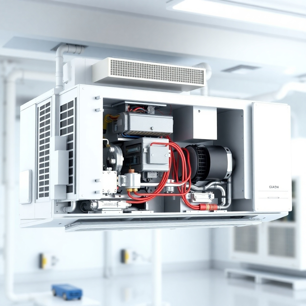 A detailed image of the internal components of a ductless mini-split AC unit. The image should highlight the intricate design and engineering of the system. The background is a clean, technical setting. Style: Technical, detailed, and informative. Technical specs: High resolution, realistic rendering.