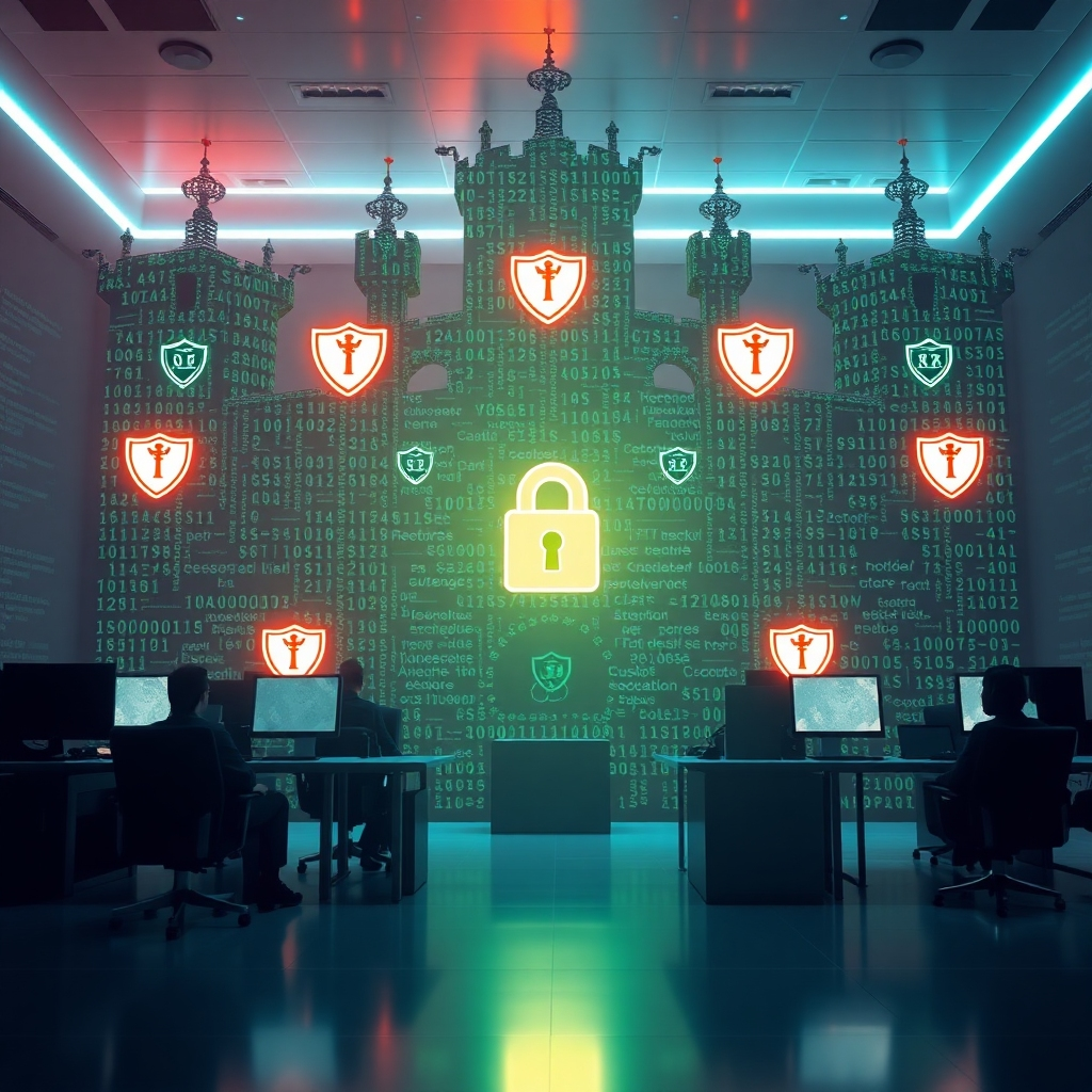 A digital fortress made of code and shields, with a lock symbol in the center, surrounded by data symbols, representing secure data storage, while a group of people in a brightly lit room behind a desk works on a computer, depicting a swift data breach response.