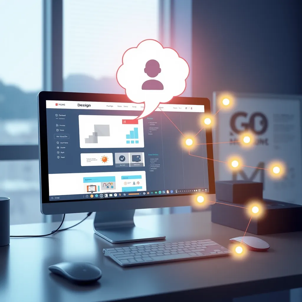 A digital illustration showcasing a website design platform where a computer screen displays a website layout with various design options. An AI-powered assistant icon with a thought bubble above it suggests design improvements and changes, represented by glowing lines connecting to specific elements on the website.