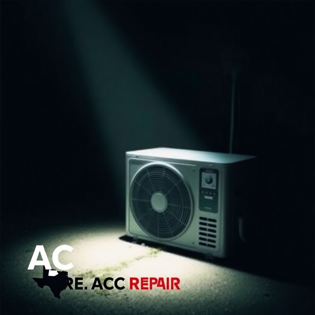 A dramatic, stylized image conveying urgency.  A spotlight on an AC unit in the dark night with the Cedar Park TX AC Repair logo subtly visible.