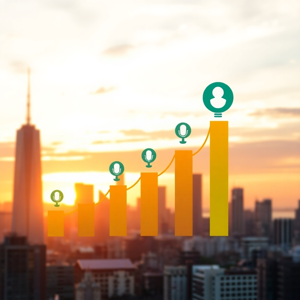 A dynamic graph showing a steady increase in revenue, with AI voice agent icons integrated into the design. The background is a cityscape at sunset, symbolizing success and prosperity. Use a color palette of golds and greens to represent wealth and growth. Technical specs: 4K resolution, motion graphics style.