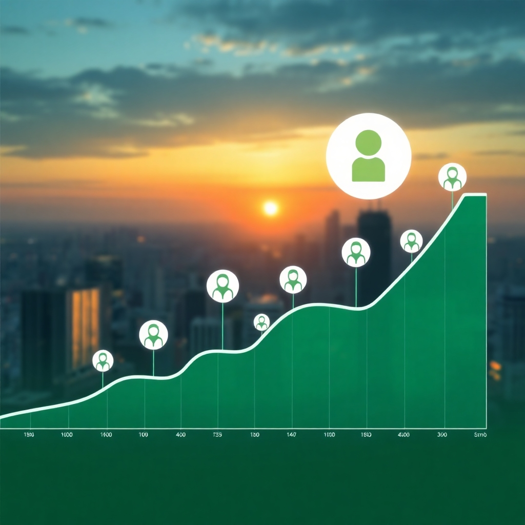 A dynamic graph showing exponential growth, overlaid with a seamless integration of AI voice agent icons. The background shows a cityscape at dawn, symbolizing new beginnings and scalability. Use a color palette of greens and blues to represent growth and stability. Technical specs: 4K resolution, motion graphics style.