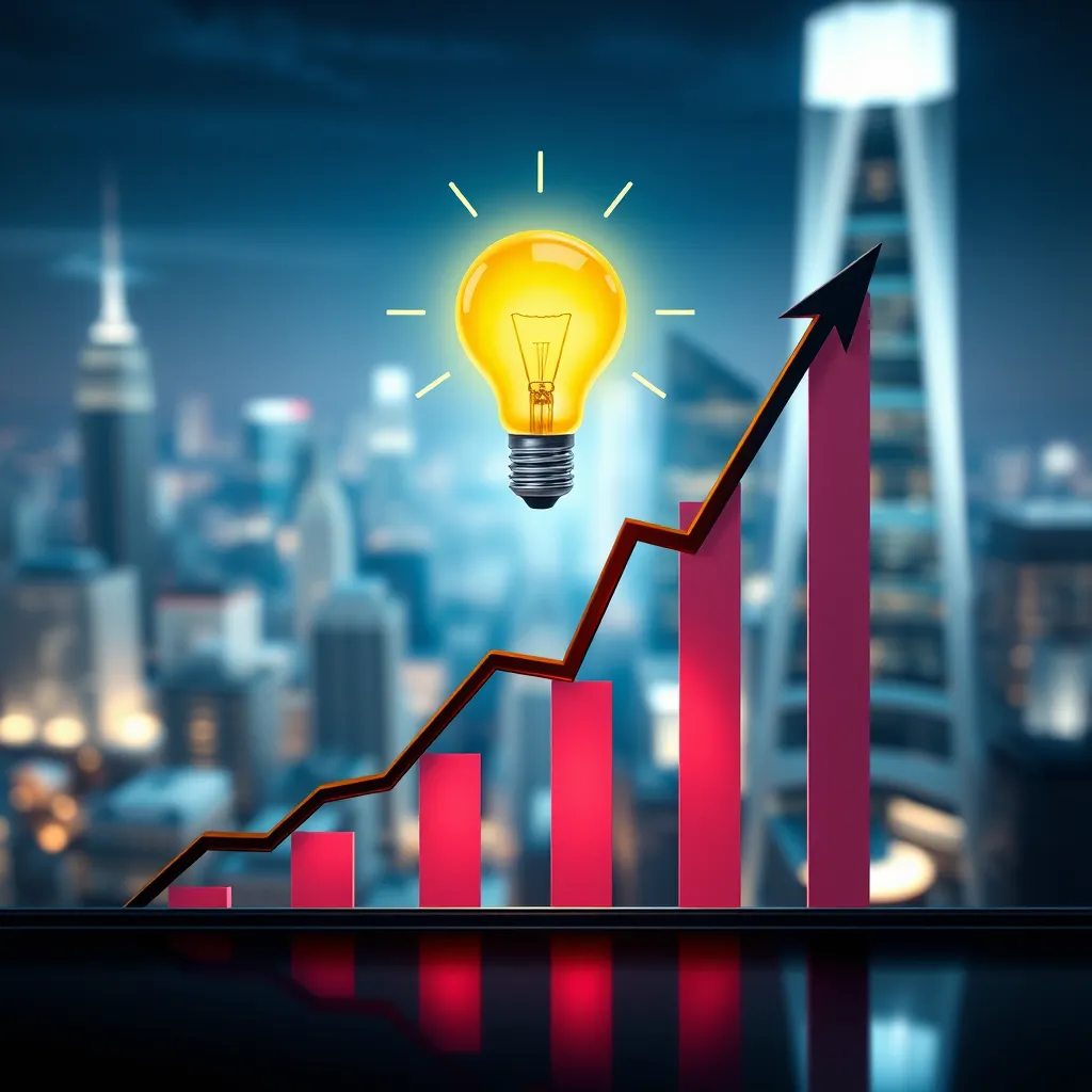 A dynamic image of a growing graph, symbolizing website traffic and business growth, with a glowing light bulb representing a website's innovative design and user-friendly features. The background is a blurred image of a bustling cityscape, symbolizing the online world and the potential for success.