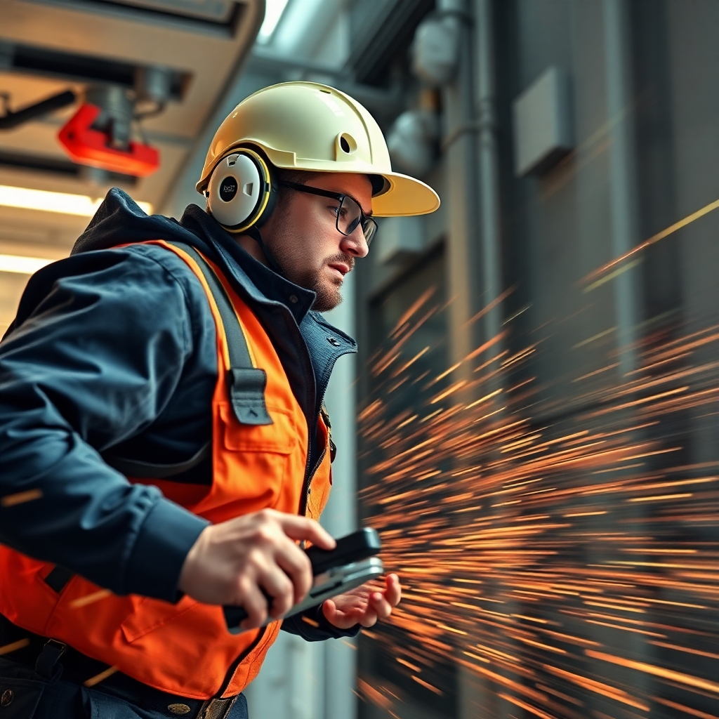 A dynamic image showcasing a technician quickly responding to a service call. The image must communicate speed and efficiency. Technical specs: 4K resolution, high quality.