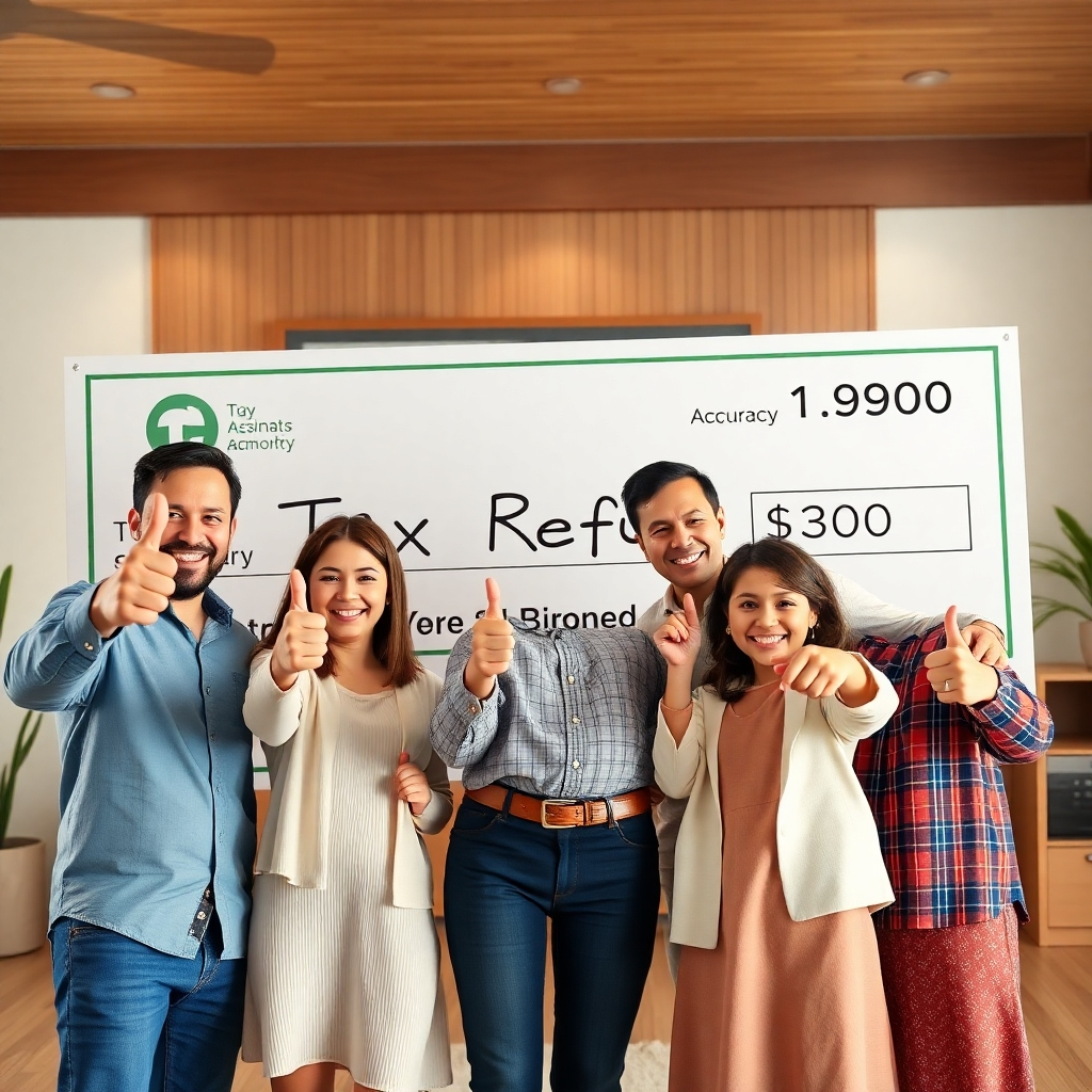 A family celebrating with smiles and thumbs-up in front of a giant check symbolizing their tax refund, emphasizing accuracy and peace of mind in tax filing.
