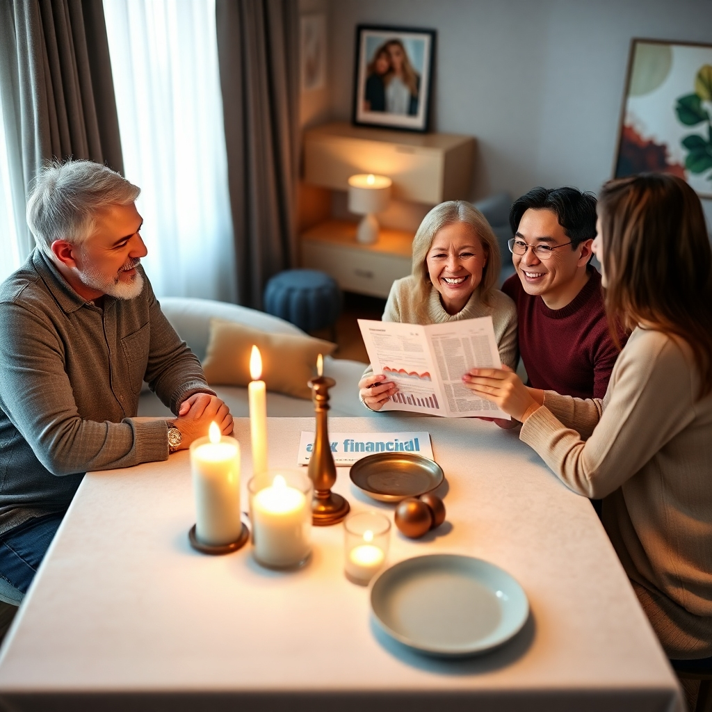 A family of four, sitting at a dining table in a well-lit living room, discussing finances with a tax professional. The professional is holding a tablet and presenting a financial plan to the family. The family is engaged and smiling, suggesting a sense of trust and confidence. The dining table is set with a tablecloth and candles, creating a warm and inviting atmosphere. The room is decorated in a modern, contemporary style, with muted tones of gray, blue, and beige. The camera angle is slightly above the table, capturing the family and the professional in a natural, engaging pose. The lighting is soft and diffused, creating a warm and inviting glow. Render this image in 8K resolution with a focus on detail and texture, capturing the warm and personal nature of family tax planning.
