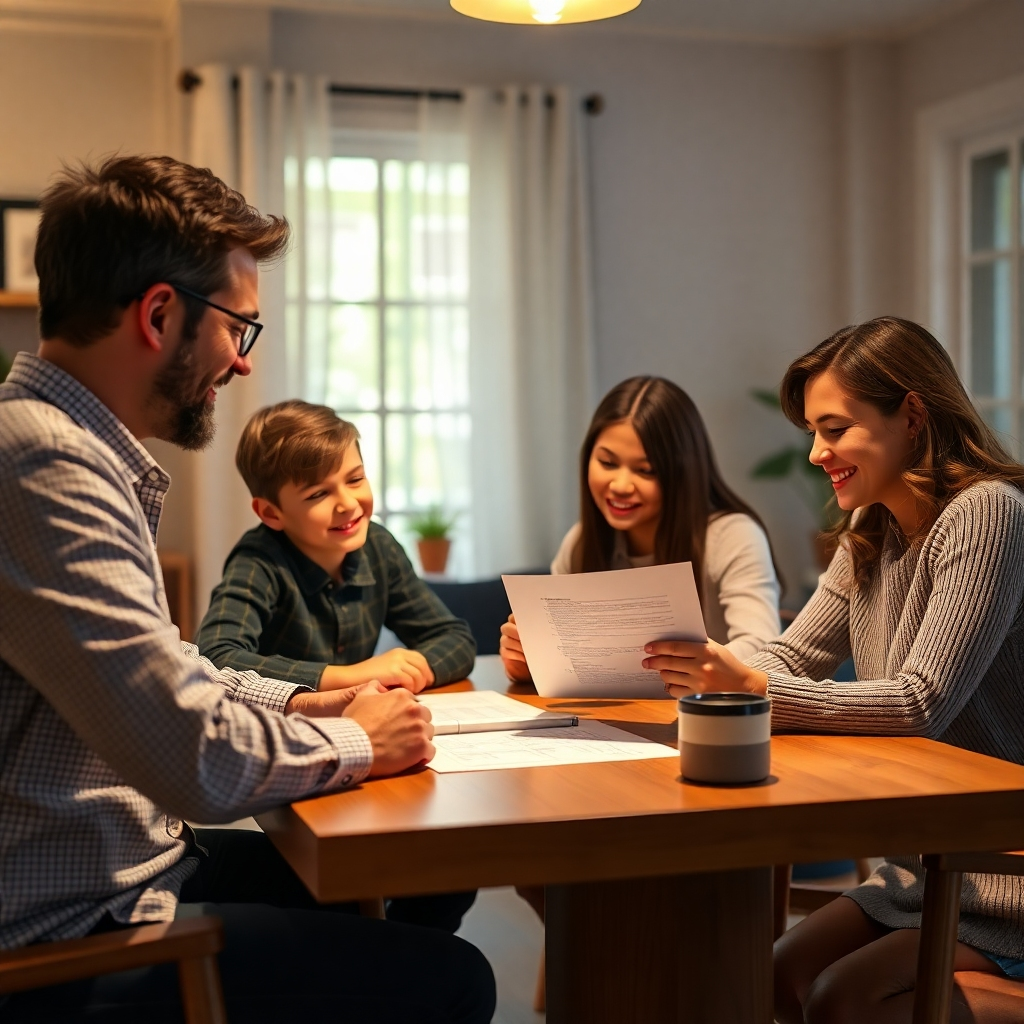 A family of four, two parents and two children, sitting at a table with a tax professional. The professional is smiling and pointing to a document, while the family listens attentively. The scene is warm and inviting, with soft lighting and a home office setting.  The focus should be on the interaction between the family and the tax professional.