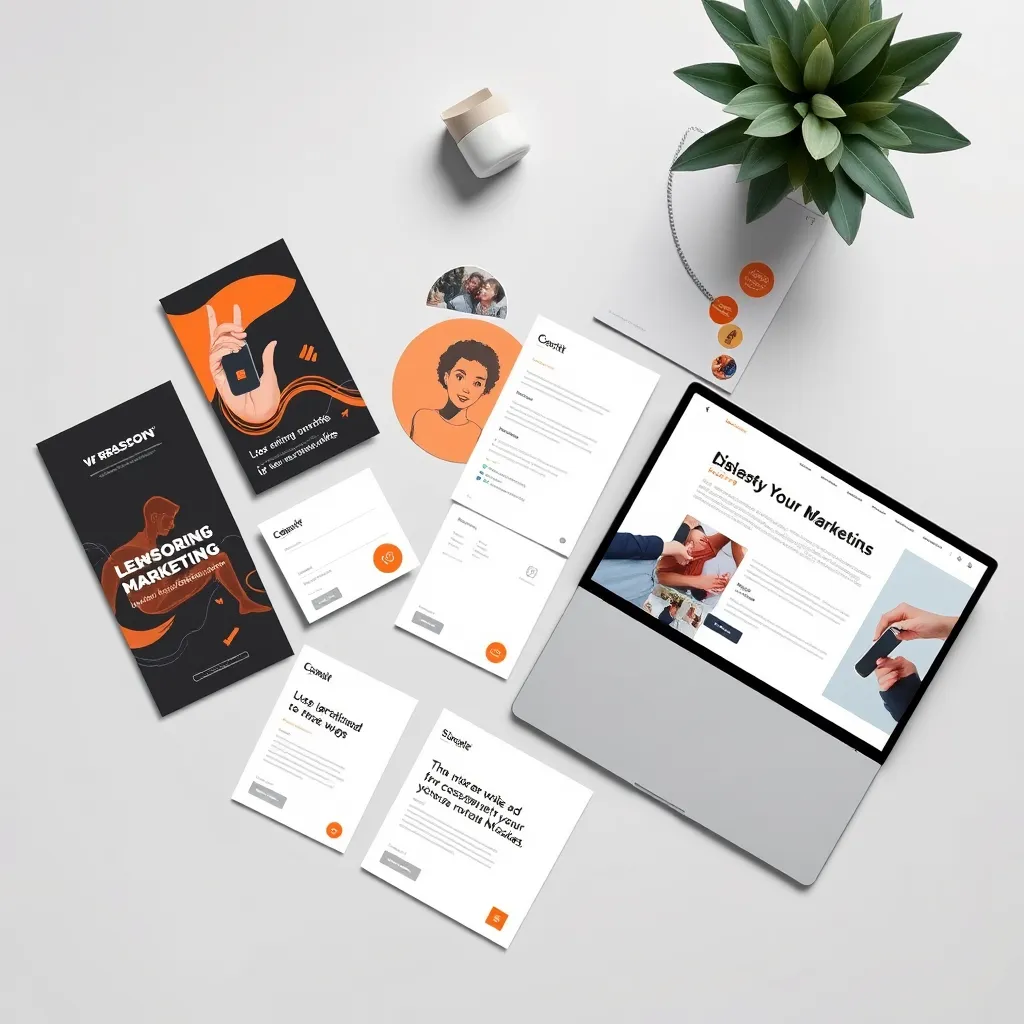 A flatlay showcasing a variety of marketing materials, such as a brochure, business cards, social media graphics, and a laptop with a mockup of a landing page.  The image should highlight the cohesive design and branding across all materials.