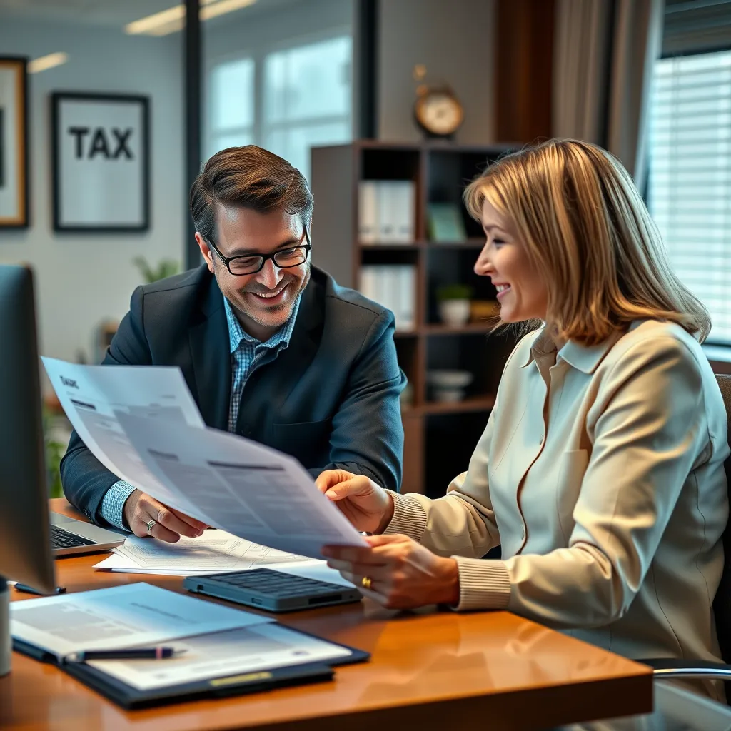 A friendly, approachable tax professional is seated at a desk, reviewing documents with a client while discussing their personal tax situation in a comfortable office setting. The image should convey a sense of trust and personalized service. 