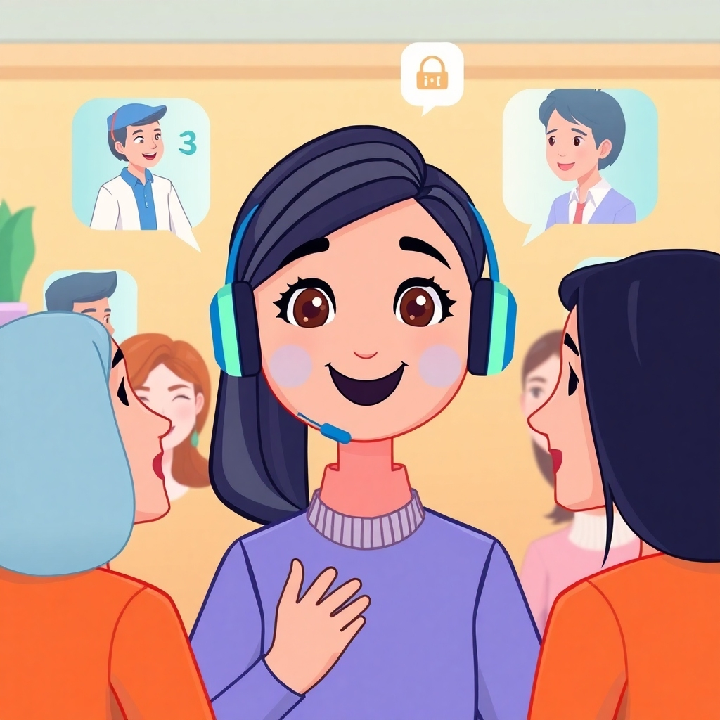 A friendly AI voice agent avatar interacting with a diverse group of customers via various communication channels. The background should be warm and inviting, symbolizing a positive customer experience. Use a color palette of blues and greens to represent trust and reliability. Technical specs: 4K resolution, cartoon style.