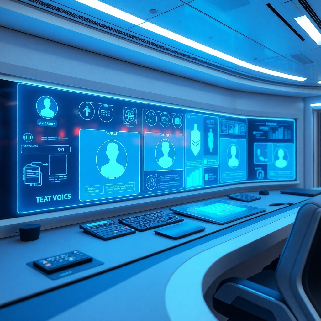 A futuristic control panel with holographic displays showing AI voice agents managing various communication channels. The scene should be clean and efficient, with a focus on seamless integration. Use a color palette of blues and silvers to represent technology and automation. Technical specs: 4K resolution, detailed rendering.