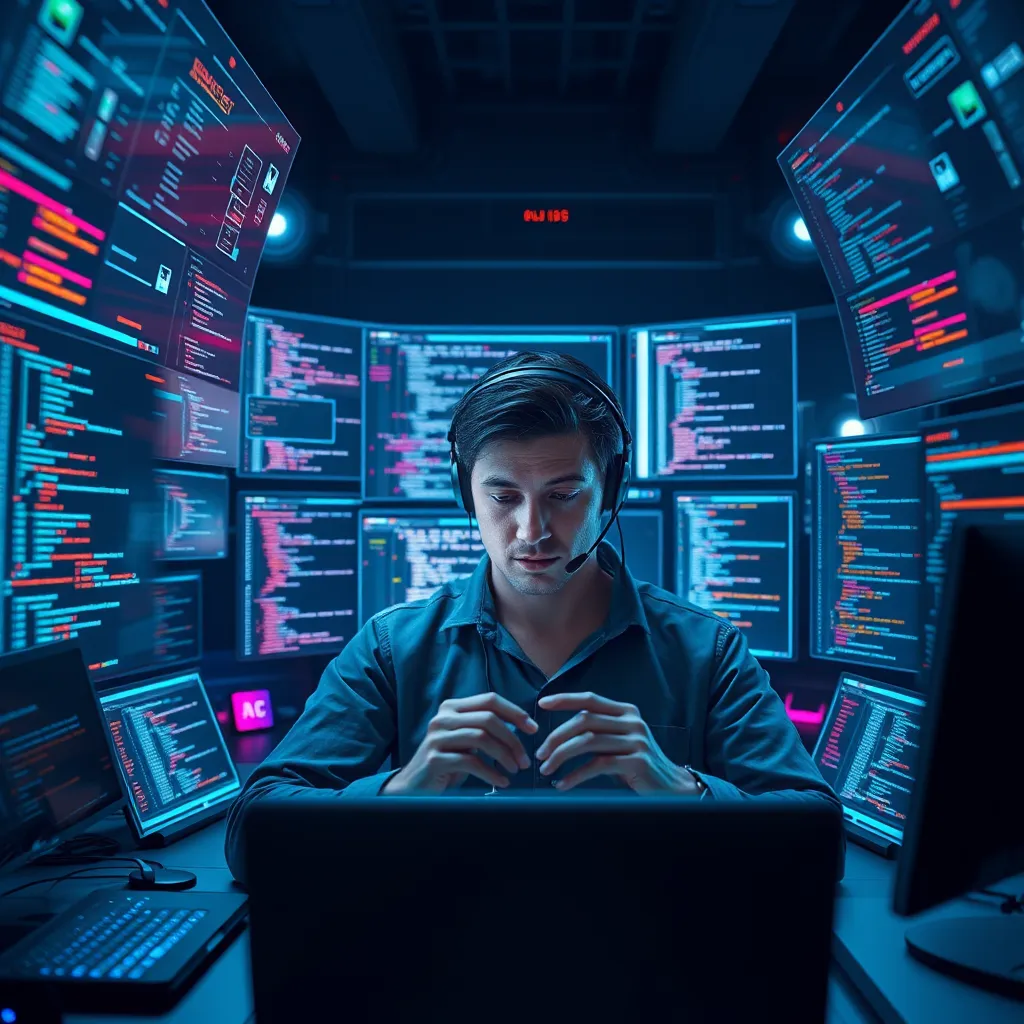 A futuristic scene with a developer surrounded by digital interfaces, showcasing automated website design processes happening in real-time, with code being written and websites instantly built with a click.
