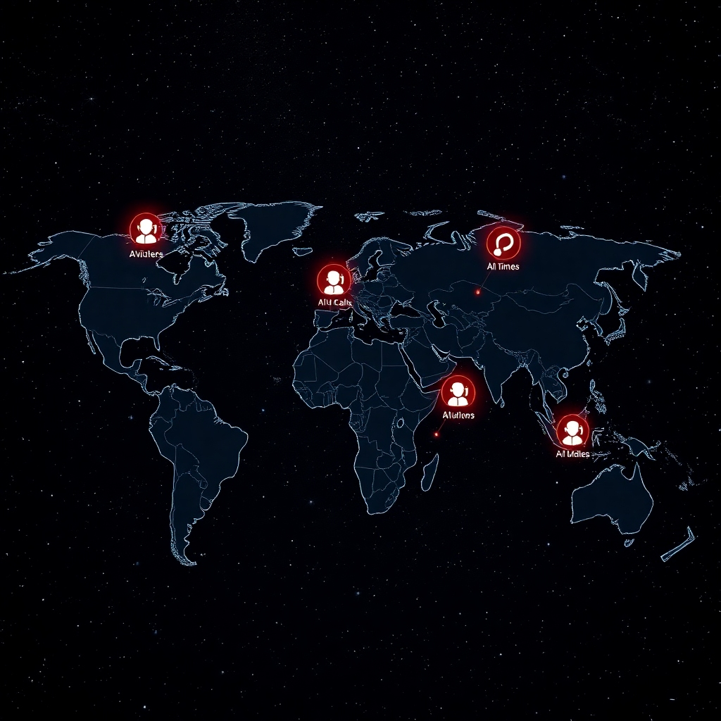 A global map highlighting different time zones, with AI icons seamlessly connecting missed calls across the world. The AI icons are glowing and dynamic, representing continuous activity. The background is a star-filled night sky, symbolizing 24/7 availability. Style: futuristic, connected, and global. Technical specs: 4K resolution, high contrast.