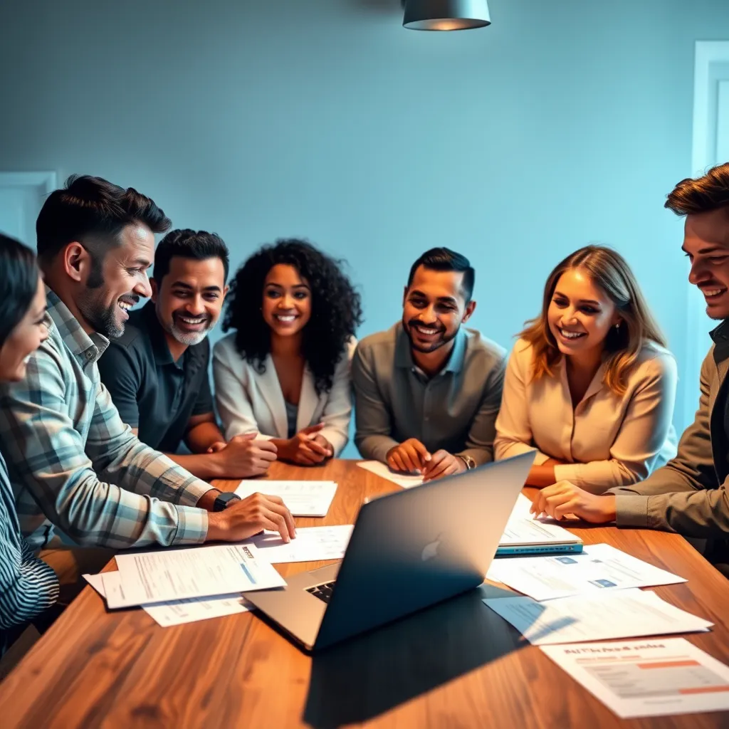 A group of diverse individuals, including business owners and entrepreneurs, gathered around a table reviewing a budget proposal for web design services. The table is filled with documents and a laptop displaying an affordable web design package. The image should portray a sense of optimism and satisfaction with the transparent pricing structure.