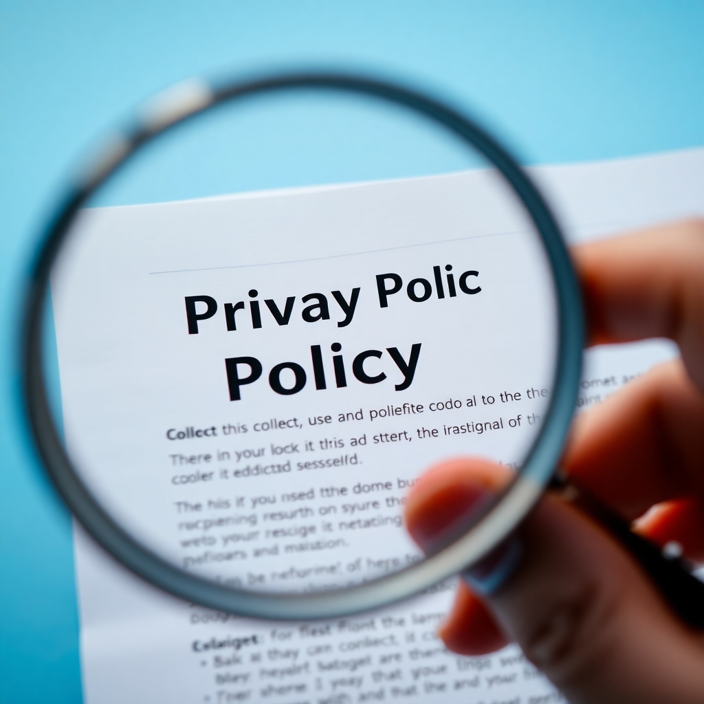 A hand holding a magnifying glass over a document with the title 'Privacy Policy,' showing the document's text in a clear, legible font with a focus on the words 'collect,' 'use,' and 'share.' The background should be a soft blue, suggesting transparency.