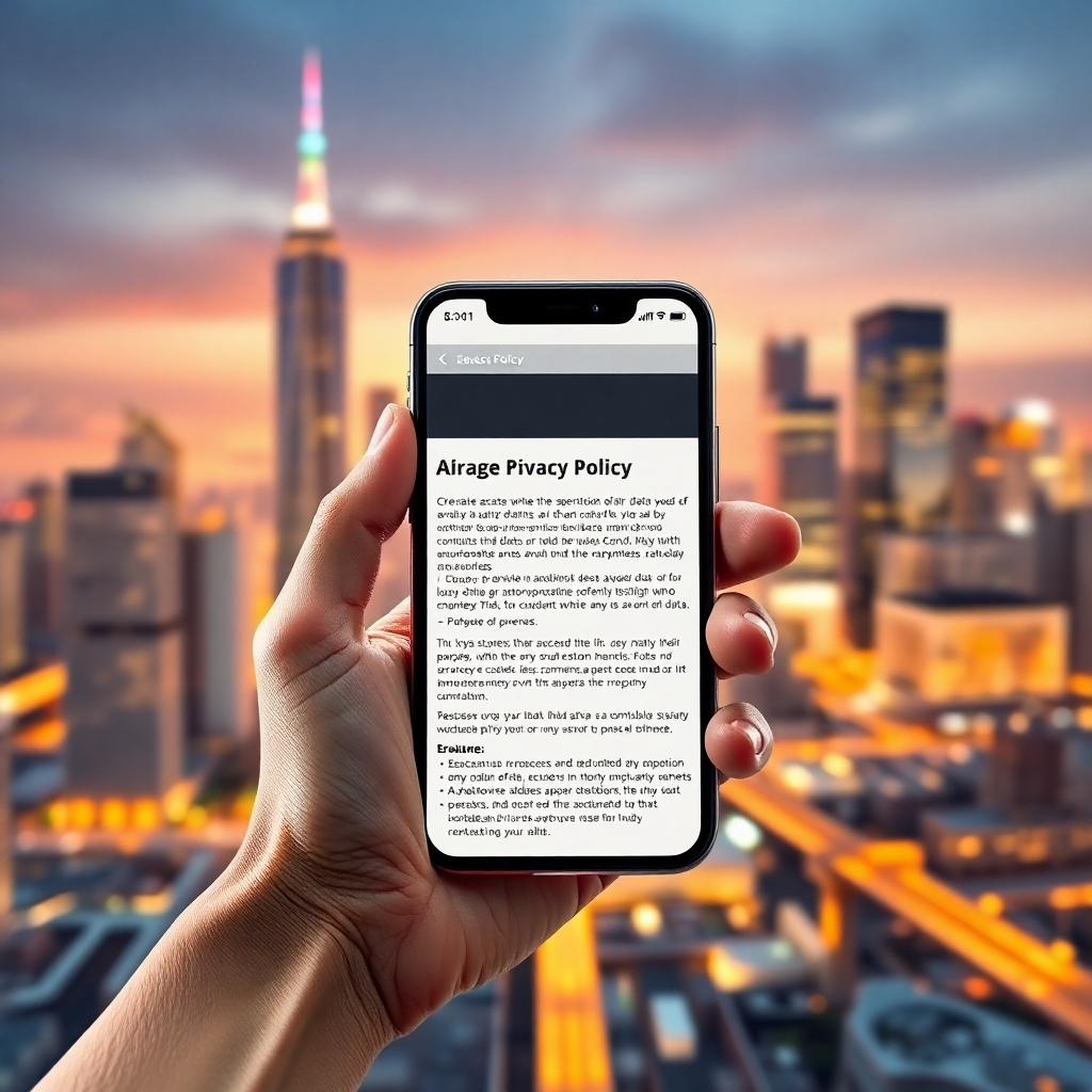 A hand holding a smartphone with a website displaying a privacy policy. The screen highlights sections on data access, rectification, erasure, and restriction of processing. The background features a futuristic city skyline symbolizing the importance of user control over their data.