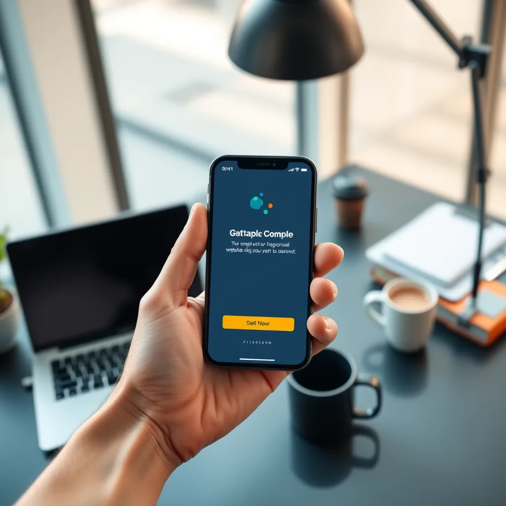 A hand holding a smartphone with a simple, one-page website displayed on the screen. The website should have a clear call-to-action button and a visually appealing design. The background should be a modern office setting, with a laptop, coffee mug, and other office supplies in the background. The overall feel of the image should be professional and affordable.