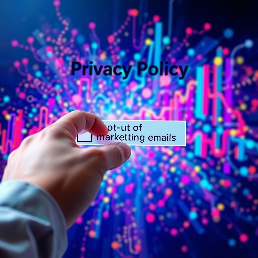 A hand hovering over a checkbox labeled 'Opt-Out of Marketing Emails' on a digital form with the text 'Privacy Policy' above. The background should be a vibrant, colorful illustration of data points and graphs swirling around the checkbox, representing the user's data and their choice to opt-out.