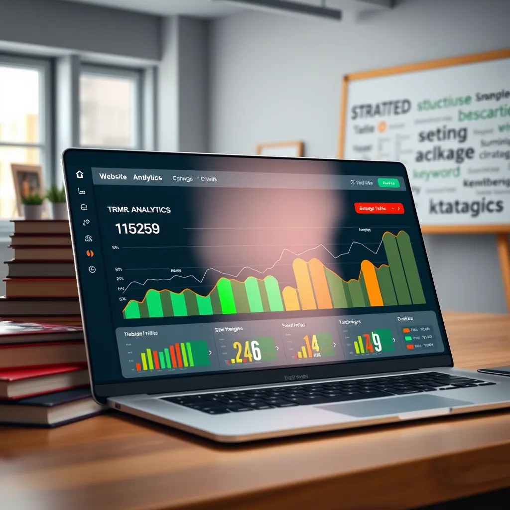 A high-resolution image of a website analytics dashboard with impressive performance metrics, showing significant growth in website traffic and search engine rankings. The background features a professional office setting with a laptop, a stack of books, and a whiteboard with strategic keywords. The lighting is bright and focused, highlighting the data and analytics. The color palette is bold and vibrant, reflecting the excitement of success. The image conveys data-driven strategy, expertise, and a commitment to achieving results. Style reference: Data visualization photography, emphasizing clarity and impact. Resolution: 8K, photorealistic.