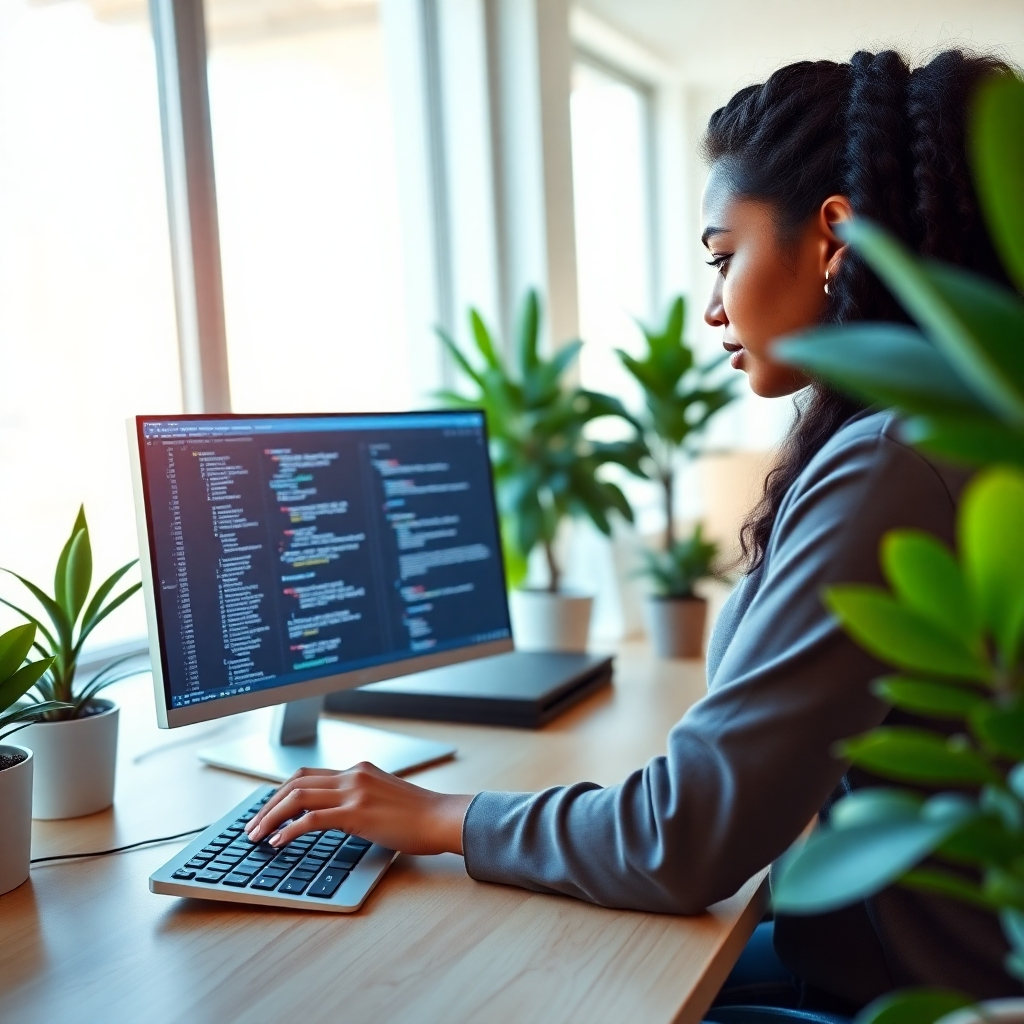 A hyperrealistic image, 8K resolution, of a developer working on a custom website design. The setting is a modern, bright office with large windows letting in soft, natural light. The developer, a young woman with diverse ethnicity, is focused on her high-resolution monitor displaying clean, elegant website code.  The color palette is vibrant yet professional, with a mix of blues, greens, and whites. The camera angle is over-the-shoulder, showing the developer's hands actively coding, with the website design partially visible on the monitor.  The desk is made of light-colored wood, with a minimalist aesthetic. Several potted plants are in view, adding a touch of natural vibrancy. The overall mood is calm, productive, and professional. Texture details must be incredibly realistic: the smooth surface of the monitor, the texture of the keyboard, the feel of the plants' leaves. Style reference: A combination of the clean aesthetic of Apple product photography and the detailed photojournalism of Steve McCurry. The lighting should be soft and diffused. The image must be hyperrealistic and ultra-detailed.