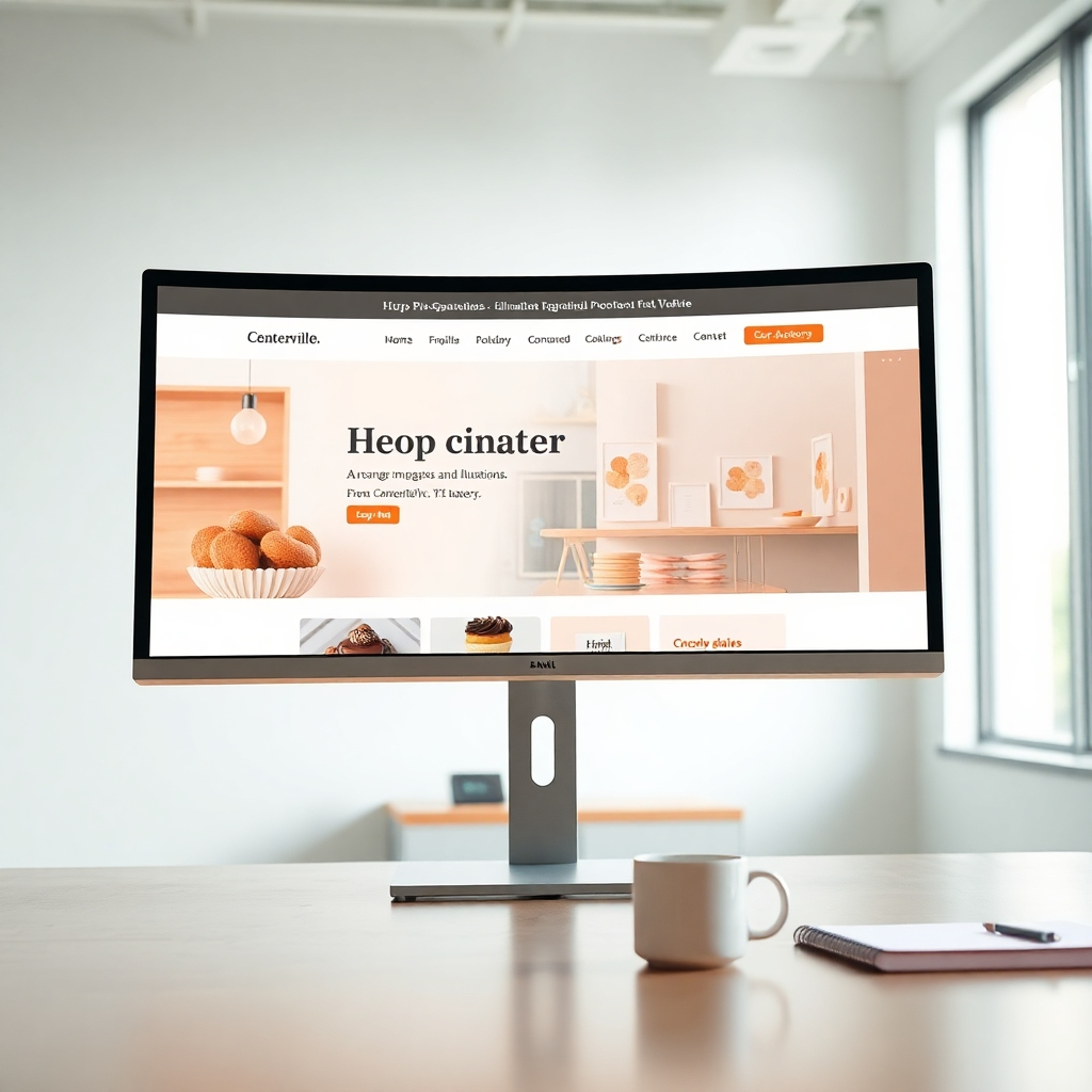 A hyperrealistic image, 8K resolution, showcasing a clean, modern website design on a large, curved monitor. The website features high-quality images and illustrations that highlight a fictional Centerville, TX, bakery. The lighting is soft and even, creating a bright and airy atmosphere. The color palette is warm and inviting, with pastel colors and natural tones. The monitor is set in a contemporary, minimalist office space with a large window letting in natural light.  The camera angle is slightly elevated, showing the monitor from a slightly angled perspective. Textures include the smooth glass of the monitor, the clean lines of the desk, and the subtle textures of the website's design.  Props include a coffee mug and a notepad. The overall mood is professional, creative, and inviting.  The style should be inspired by the minimalist designs of Apple and Google, focusing on simplicity, clarity, and ease of navigation. The image should be ultra-detailed, emphasizing the subtle textures of materials and the precision of the website's design.