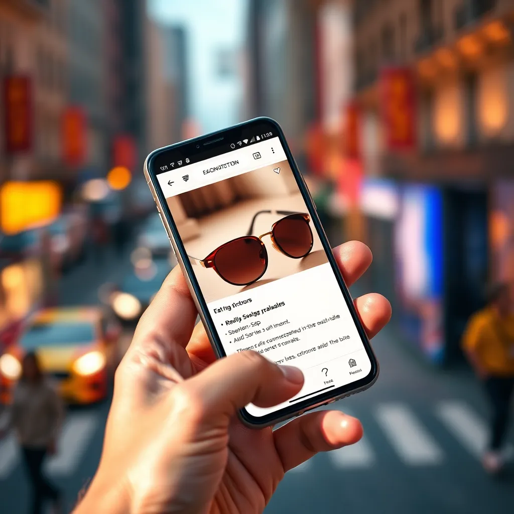 A hyperrealistic image of a smartphone displaying a product page on an e-commerce website. The product is a stylish pair of sunglasses with a detailed close-up. The background is a blurred image of a bustling city street with warm, natural lighting. The smartphone is held by a hand in a casual manner. The image emphasizes visual appeal, product details, and ease of navigation. Render in 8K resolution with vibrant colors and realistic textures.