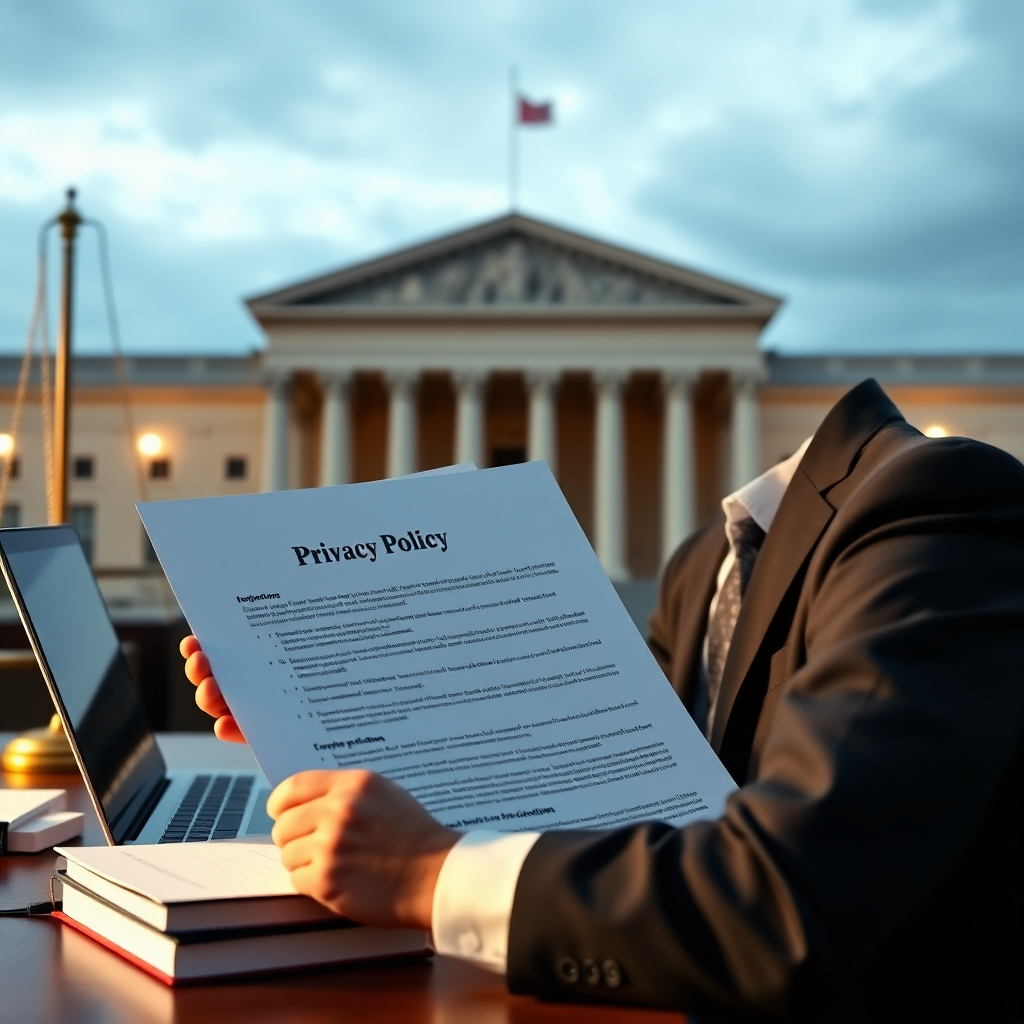 A lawyer reviewing a privacy policy document on a desk with a laptop and legal books. The document highlights compliance with regulations like GDPR and CCPA. The background features a courthouse symbolizing legal frameworks for data protection.