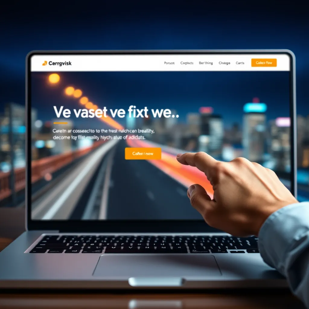 A modern, minimalist website design with a clean layout, high-quality images, and a prominent call-to-action button.  The background should be a blurred image of a city skyline at night, showcasing a sense of speed and energy. The website should be displayed on a laptop screen, with a hand hovering over the mouse pointer, about to click on the call-to-action button.