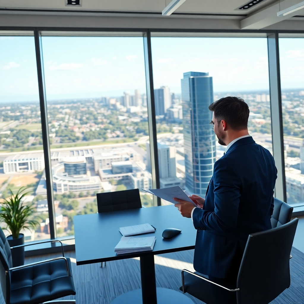 A modern, sleek office space with large windows and a panoramic view of the Woodlands skyline. A business owner, dressed in professional attire, is meeting with a tax professional, discussing financial documents and tax strategies. The image captures the energy and ambition of a successful business owner, with a focus on detail and texture. The color palette is modern and sophisticated, featuring bold hues of blue, gray, and white. The lighting is natural and bright, illuminating the space and highlighting the professional atmosphere. The camera angle is slightly above the meeting, creating a sense of perspective and depth. Render this image in 8K resolution with hyperrealistic details, capturing the dynamism and efficiency of business tax services.