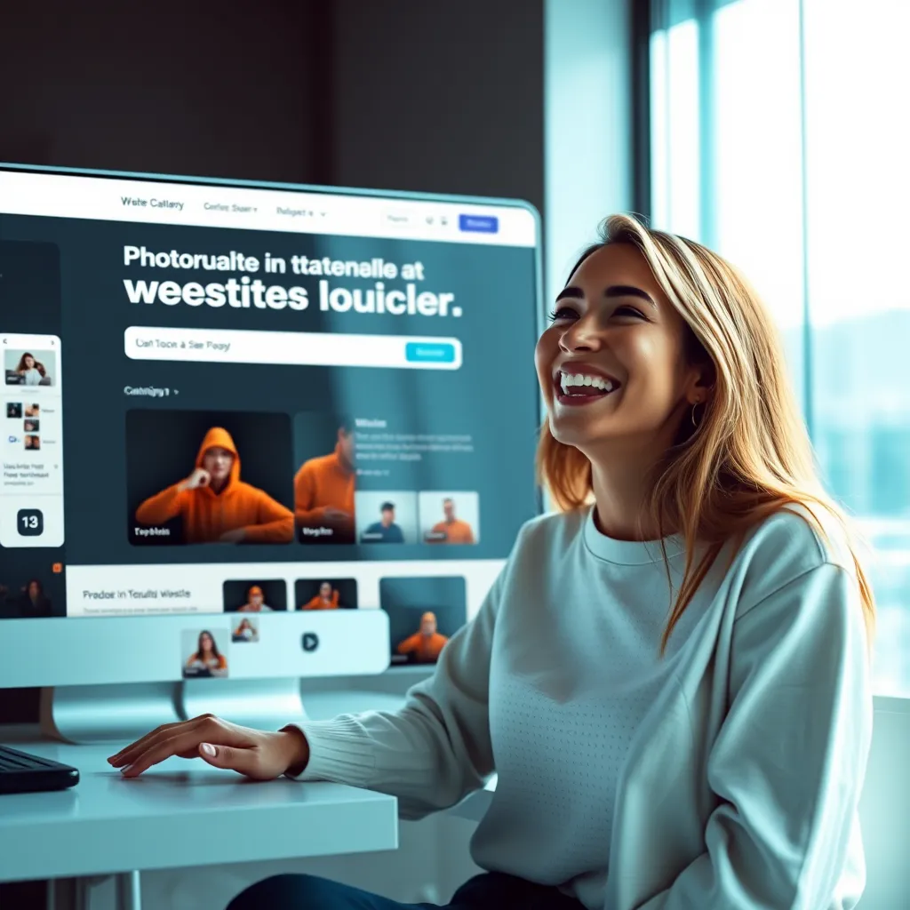 A modern, sleek website builder interface with drag-and-drop elements, customizable templates, and a user smiling while effortlessly creating a website.