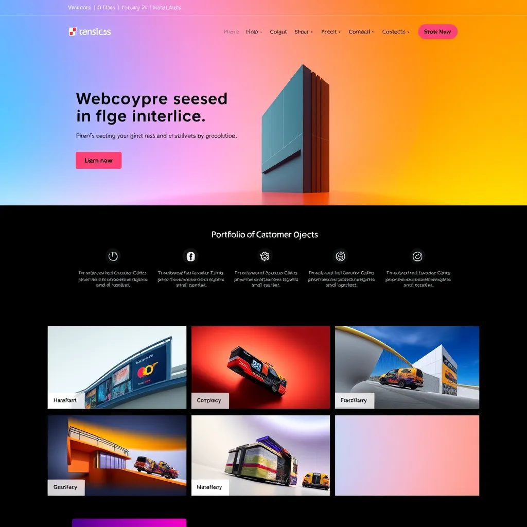 A modern and sleek website design with vibrant colors and a strong visual hierarchy, showcasing a portfolio of diverse customer projects. The design should be clean, minimalist, and user-friendly, with a focus on showcasing the high-quality visuals and content.