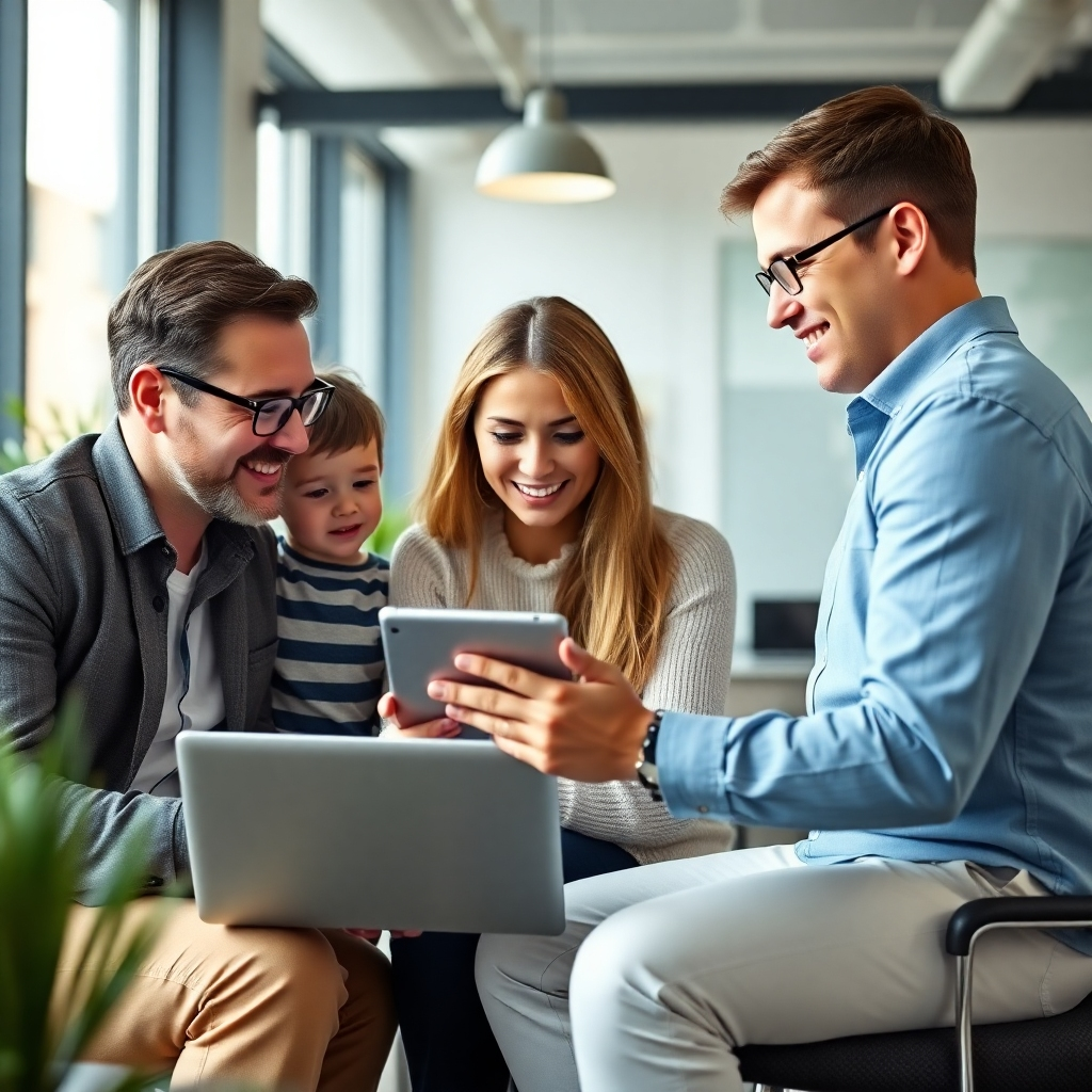 A modern office interior with a clean, minimalist design featuring a friendly tax advisor interacting with a family using a laptop and a tablet, showcasing convenience and accessibility.