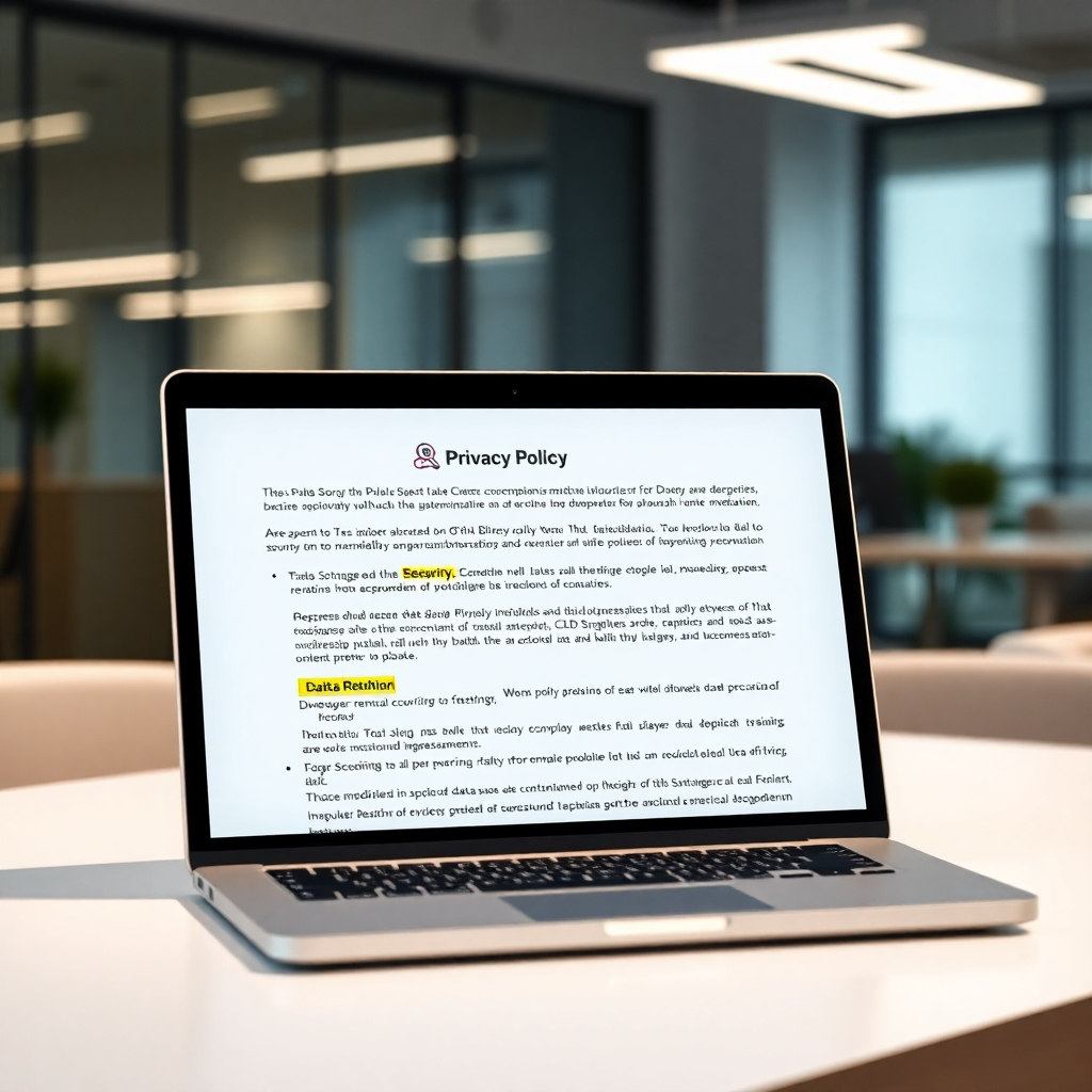 A modern office setting with a laptop screen displaying a privacy policy document with highlighted sections discussing 'Data Storage,' 'Security Measures,' and 'Data Retention.' The user on the laptop is looking at the screen with a thoughtful expression. The background should be a clean, minimalist office space, suggesting professionalism and data security.