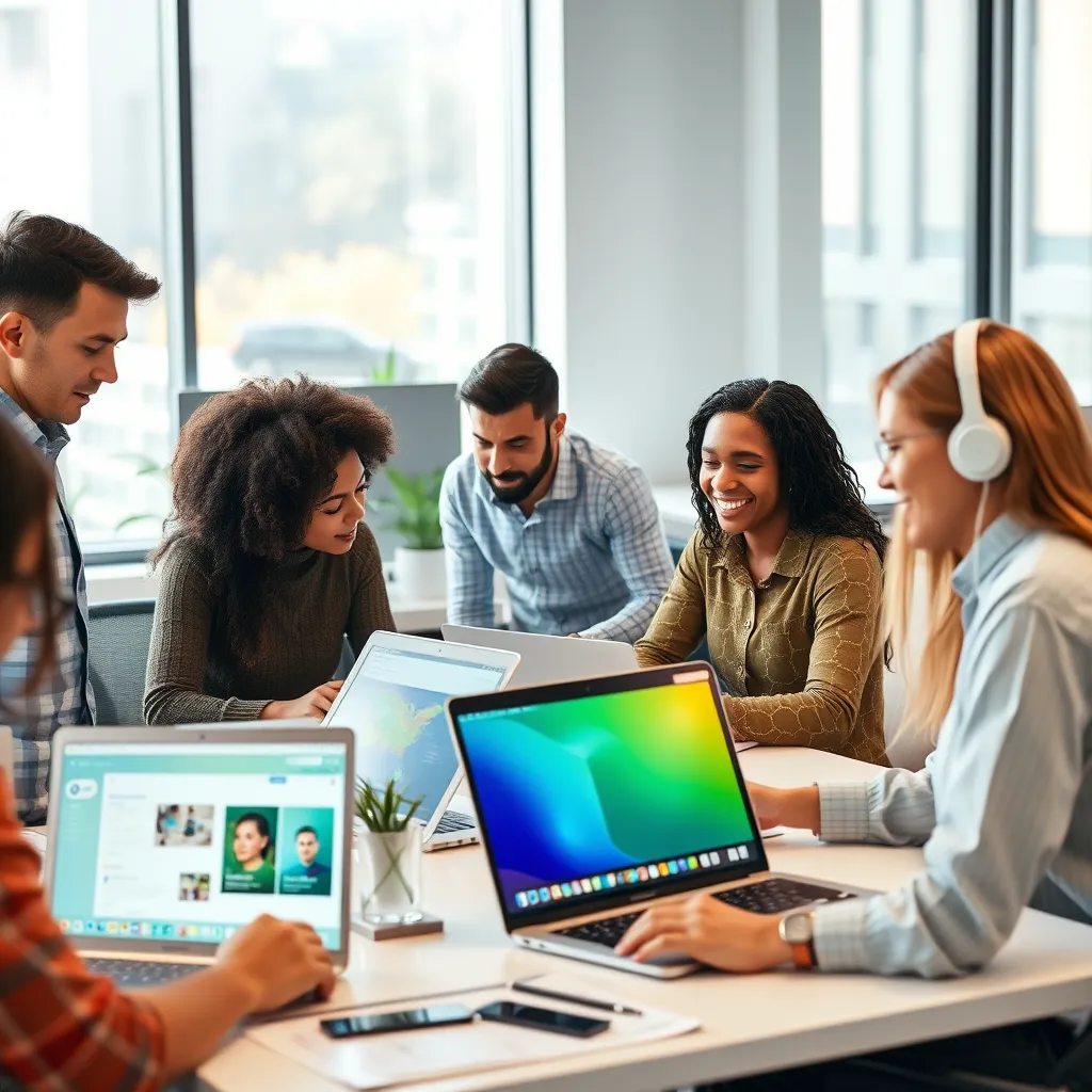 A modern office with a team of diverse web designers working on a variety of projects, showcasing laptops, tablets, and design mockups. The office should have a vibrant atmosphere with natural light streaming in, reflecting creativity and collaboration. The image should convey the message of customized web design solutions for all businesses.