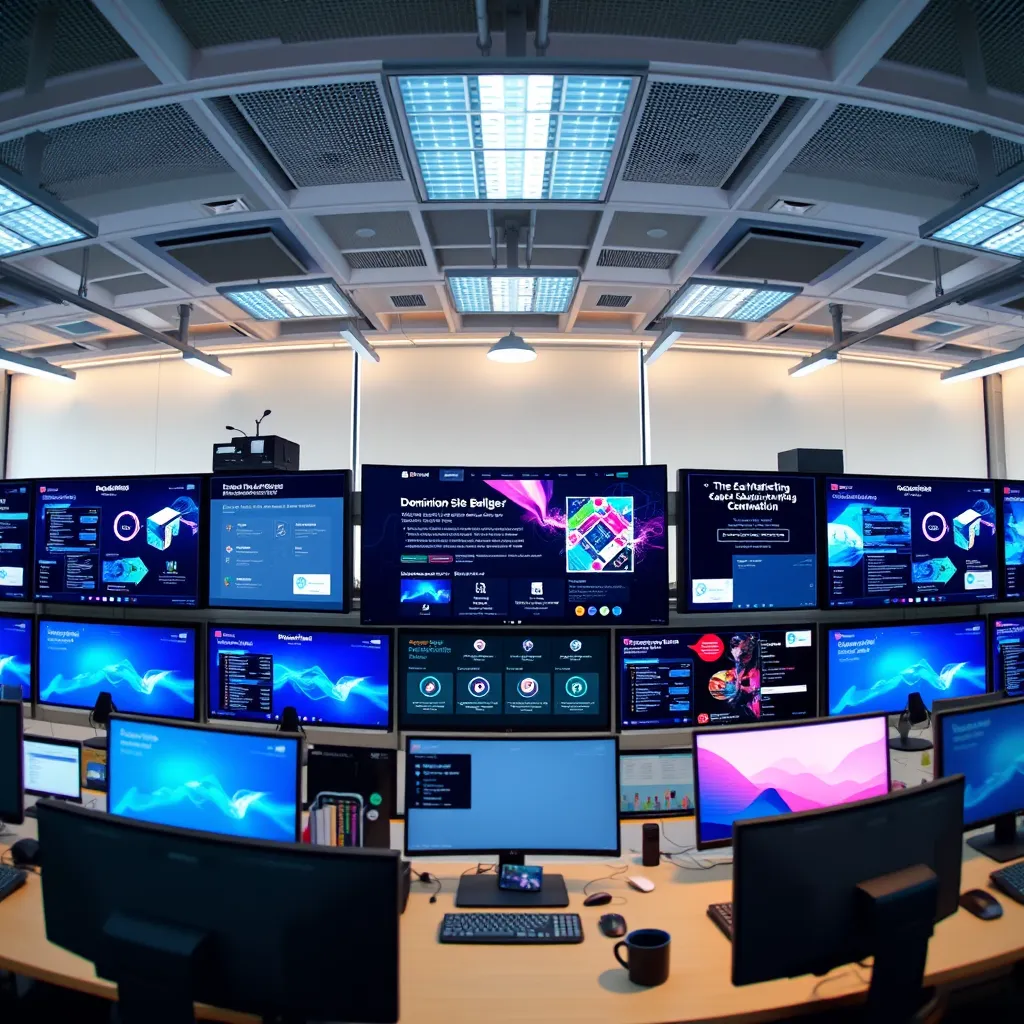 A panoramic view of a modern office space filled with screens displaying various web applications and platforms. In the center, a large monitor shows a website built with Dominion AI Site Builder, seamlessly integrated with a CRM system, a marketing automation platform, and an e-commerce platform. The lighting should be bright and natural, highlighting the interconnectedness and functionality of the various platforms. The colors should be vibrant and energetic, reflecting the speed and efficiency of the integrated ecosystem. The image should capture a sense of control, automation, and productivity, showcasing the ease with which Dominion AI Site Builder can connect to other tools and platforms, creating a cohesive and streamlined digital experience.