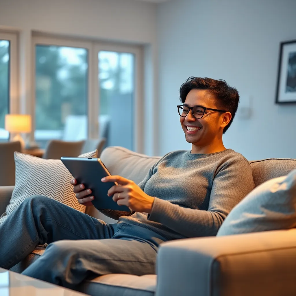 A person sitting on a couch in a comfortable living room, smiling and holding a tablet, with a serene background. The image should portray a sense of relaxation, comfort, and stress-free tax preparation.