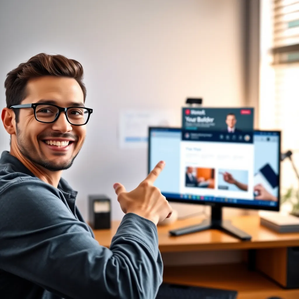 A person smiling and confidently pointing at a computer screen showing a website builder interface with drag-and-drop elements and a preview of a website in the background. The image should convey ease of use and accessibility.