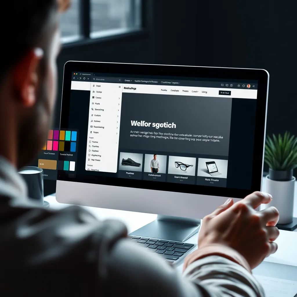 A person using a website builder interface to customize a website template. The interface should display various options for changing colors, fonts, layouts, and adding content. The website preview should reflect the ongoing customization, showing the user's creative choices in real-time.