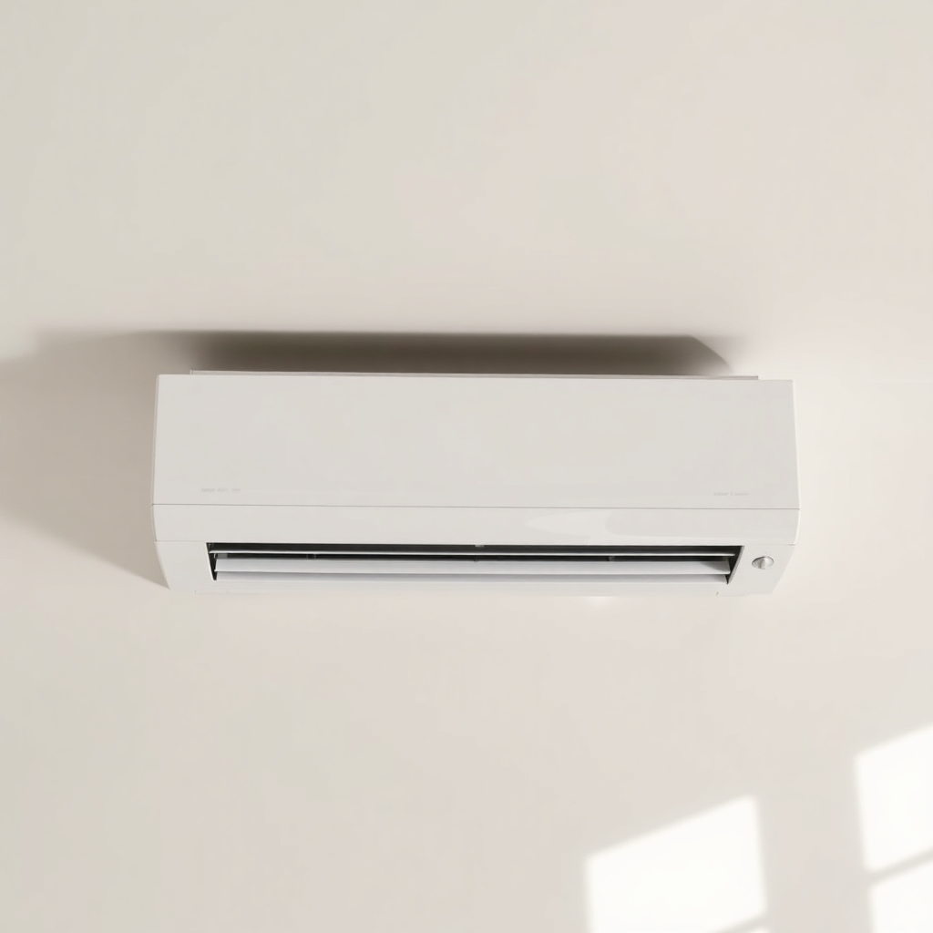 A photograph of a newly installed, modern AC unit in a home.  Use bright lighting, a wide shot, and a color palette that emphasizes cleanliness and modernity. The style should be similar to high-end real estate photography, emphasizing quality and luxury.