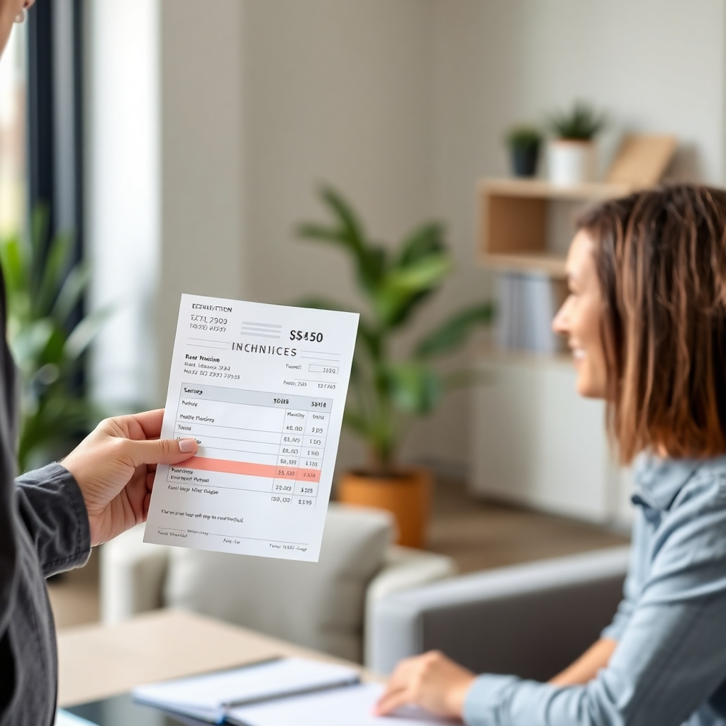 A photorealistic 4K image showing a technician handing a customer a clearly detailed invoice, emphasizing transparency and honest pricing. The setting is comfortable and professional.  Maintain a calm, professional, trust-building color palette.  Emphasize the professional and honest relationship between the technician and the customer.