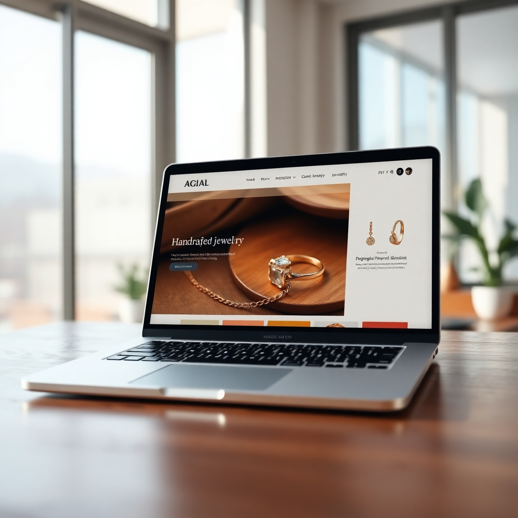 A photorealistic 8K image depicting a modern e-commerce website displayed on a sleek MacBook Pro, bathed in soft, diffused natural light from a large window. The website showcases high-quality product photography of handcrafted jewelry, with a clean, minimalist design emphasizing a warm, inviting color palette of earthy tones and gold accents. The background features a subtly blurred image of a modern workspace, with hints of wood textures and plants. The camera angle is slightly elevated, looking down at the laptop at eye level, creating an intimate and engaging perspective. The image should evoke a feeling of sophistication and trust, reflecting the quality of the products and the professionalism of the web design. Style reference: Annie Leibovitz.  The image must be hyperrealistic with ultra-detailed textures and reflections, showcasing the brilliance of the jewelry and the seamless integration of the website's design and functionality. The overall mood is upscale, modern, and trustworthy, emphasizing the brand's commitment to quality.